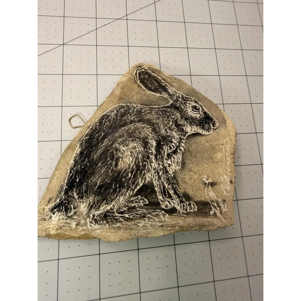 Vintage Hand Etched Hare Rabbit Stone Slab Wall Plaque Art Hanging Signed